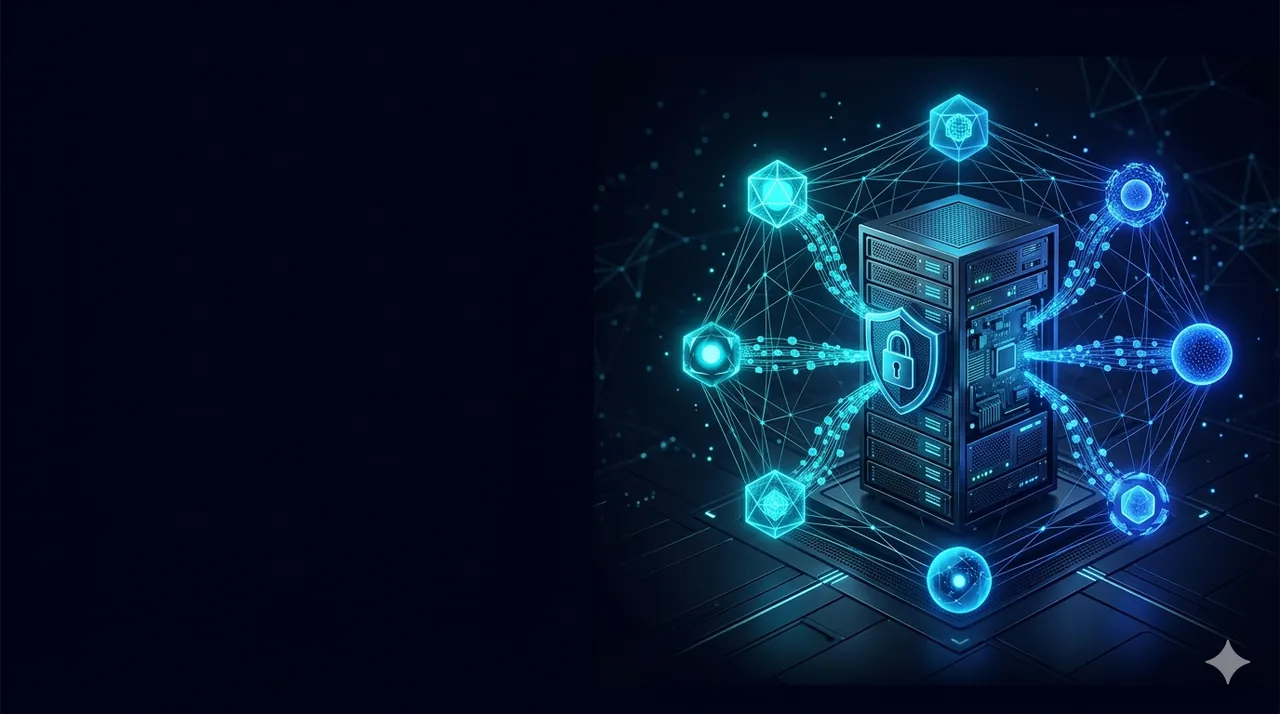 Ein Multi-Agent-KI-System: vernetzte leuchtende Knoten rund um einen zentralen On-Premise-Server mit Schutzschild-Symbol für Datensicherheit.