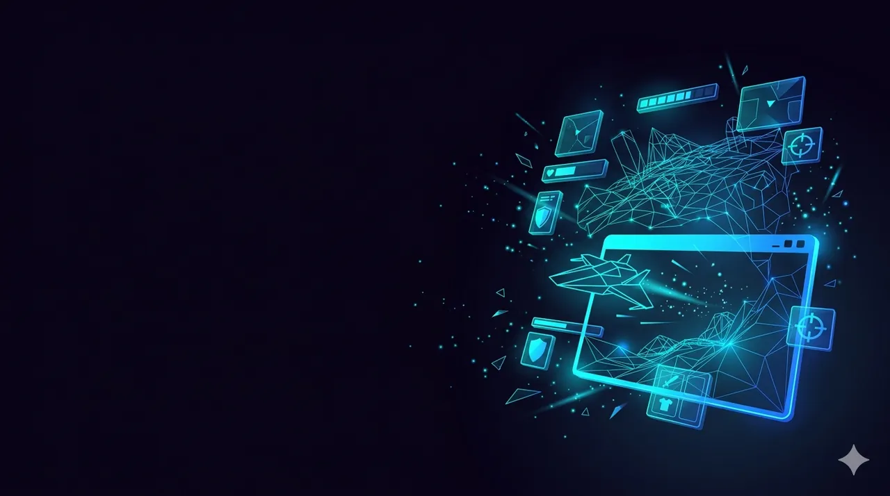 Ein 3D-Browsergame entsteht: ein leuchtendes Wireframe-Spielwelt-Raumschiff und schwebende UI-Elemente, die aus einem Browser-Fenster hervortreten.